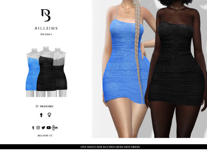 Sims 4 One Shoulder Ruched Mesh Mini Dress by Bill Sims at TSR