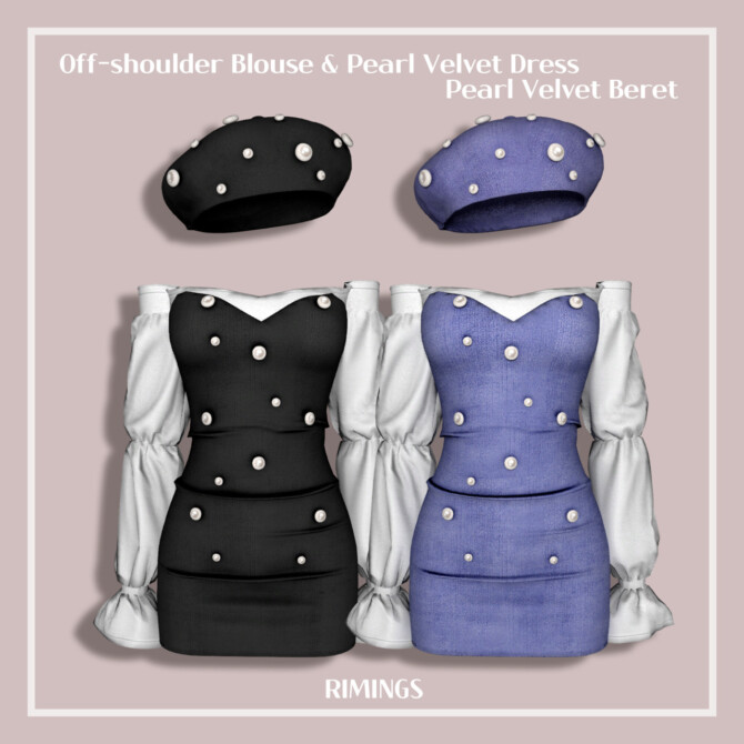 Sims 4 Off shoulder Blouse & Pearl Velvet Dress & Beret at RIMINGs