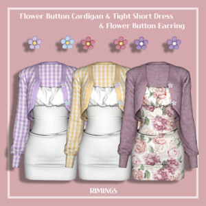 Flower Button Cardigan & Tight Short Dress & Flower Button Earrings at RIMINGs