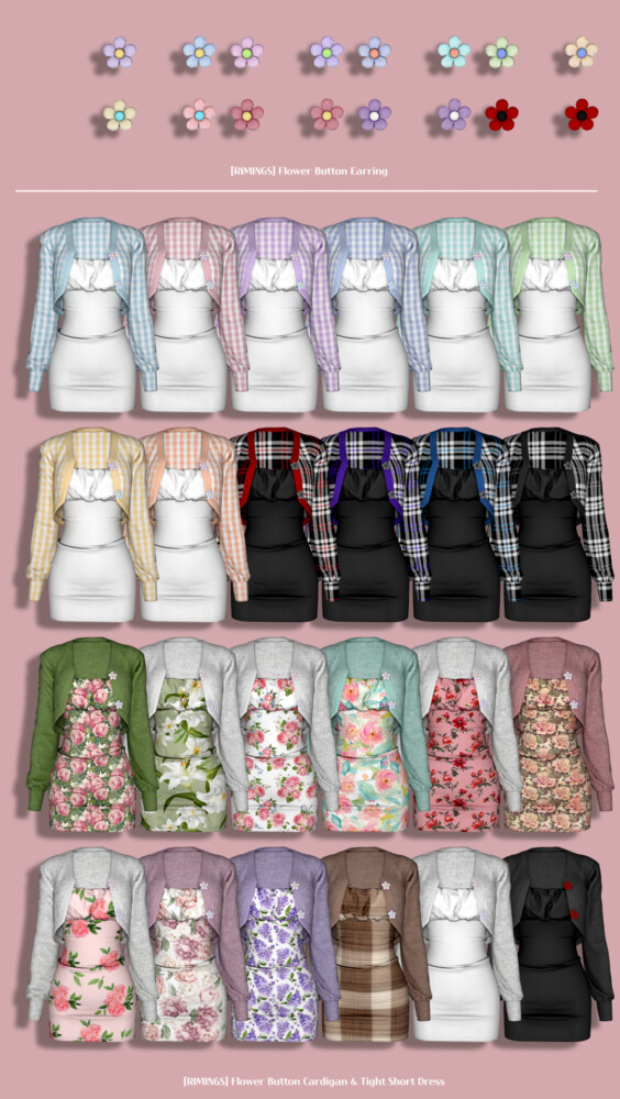 Sims 4 Flower Button Cardigan & Tight Short Dress & Flower Button Earrings at RIMINGs