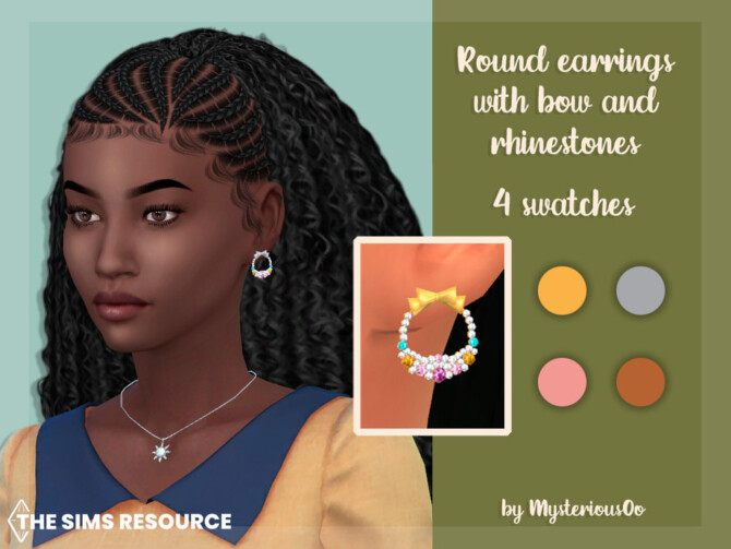 Sims 4 Round earrings with bow and rhinestones by MysteriousOo at TSR