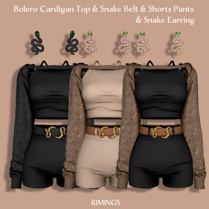 Sims 4 Bolero Cardigan Top & Snake Belt & Earrings at RIMINGs