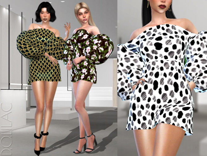 Sims 4 Bubble Sleeve Print Mini Dress DO340 by D.O.Lilac at TSR